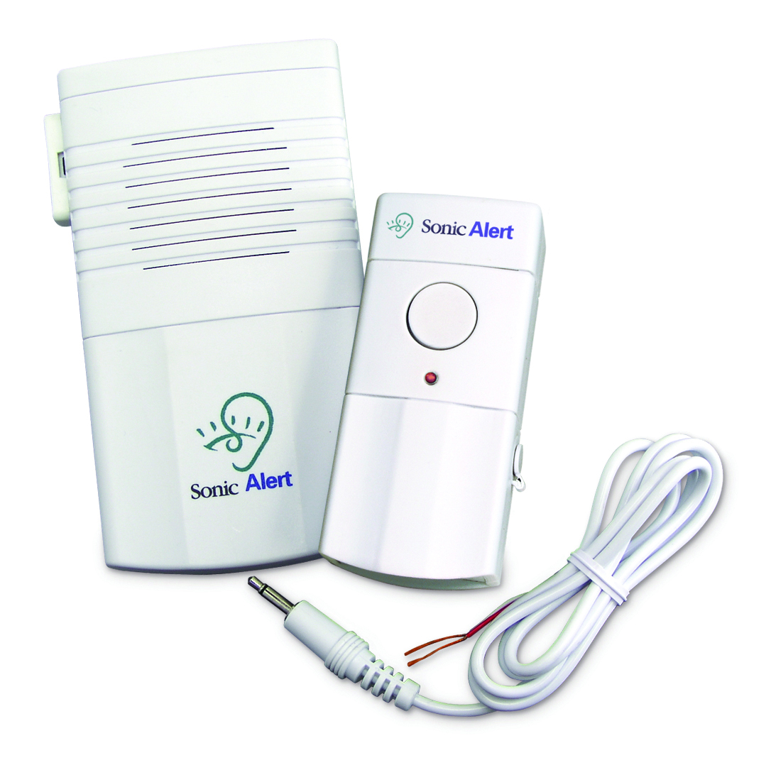 The Sonic Alert DB100 Doorbell Transmitter flashes a lamp when someone rings the doorbell.