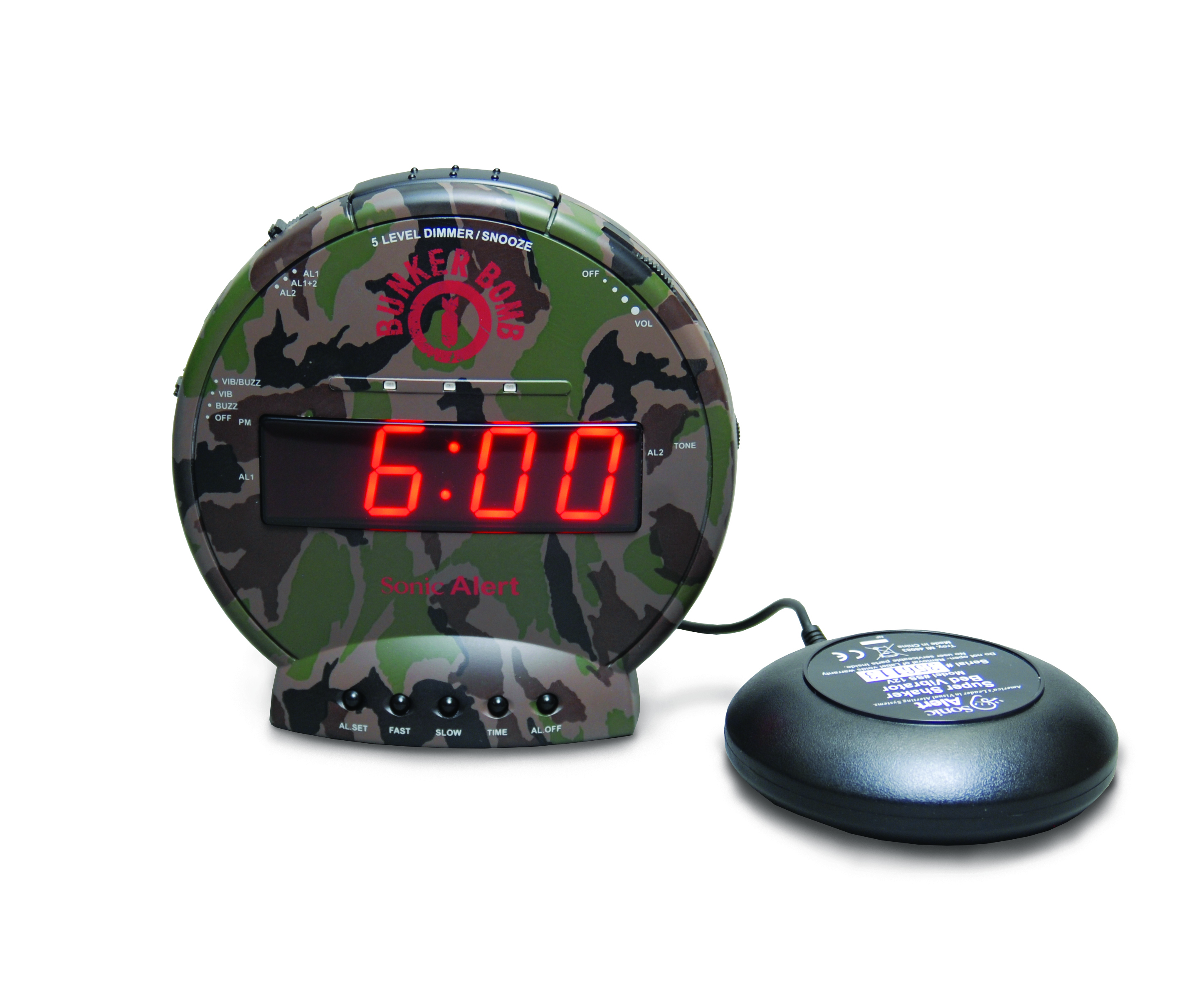 The Sonic Bomb vibrating alarm clock wakes the deaf, hard of hearing or deep sleepers.