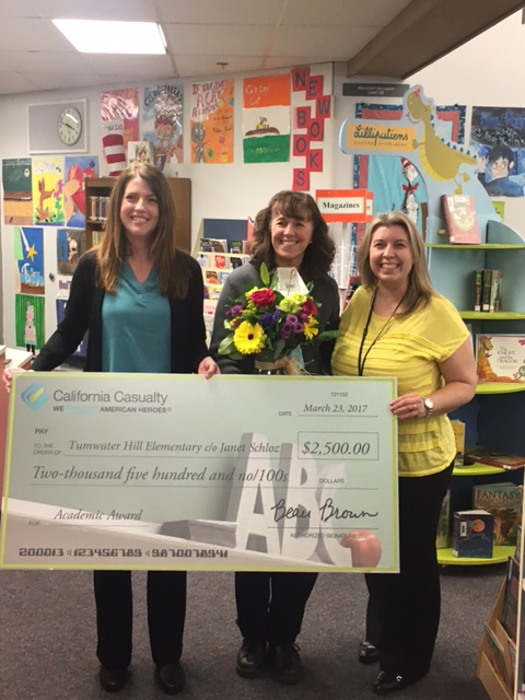 Academic Award Winner Janet S. (center) with California Casualty Field Marketing Manager Erica Reich and  School Principal Mandy J.