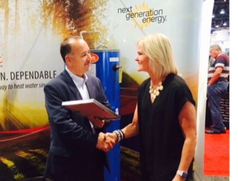 NGE COO Lori Beedon welcomes Pacific Energy Alternatives President Greg Lafayette to the Sun Bandit distribution network.