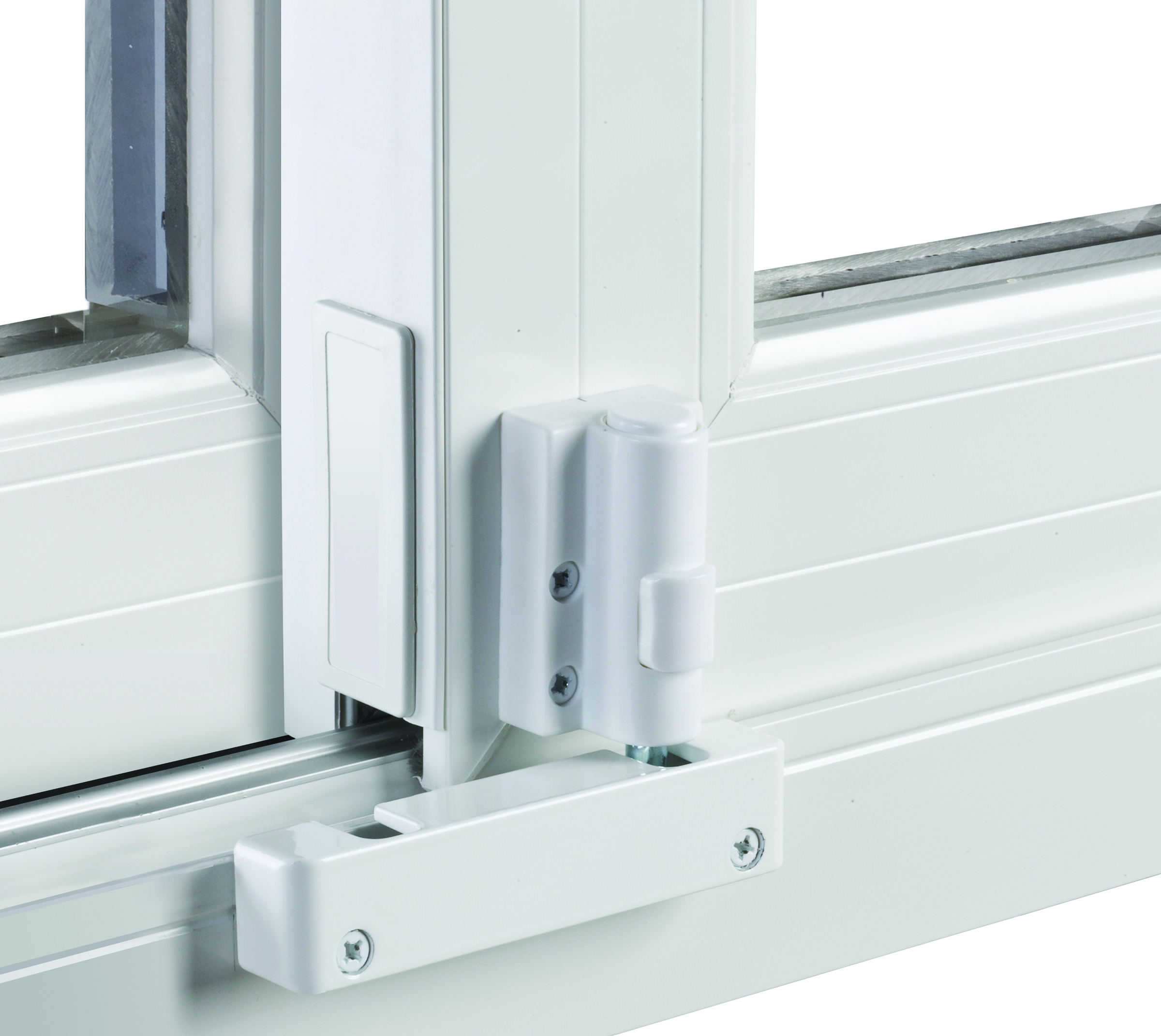 Safety latches on windows and doors, like this patio door foot lock, is another way to safeguard children and pets.
