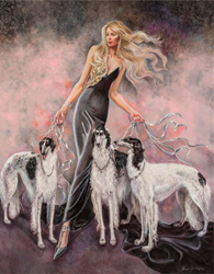 The model- a well-known breeder of borzoi dogs- is featured with three generations of her fabulous hounds.  The breeder’s elegant attire  is matched by the innate high-fashion of the hounds. The mood of fantasy is enhanced by the silver leashes.