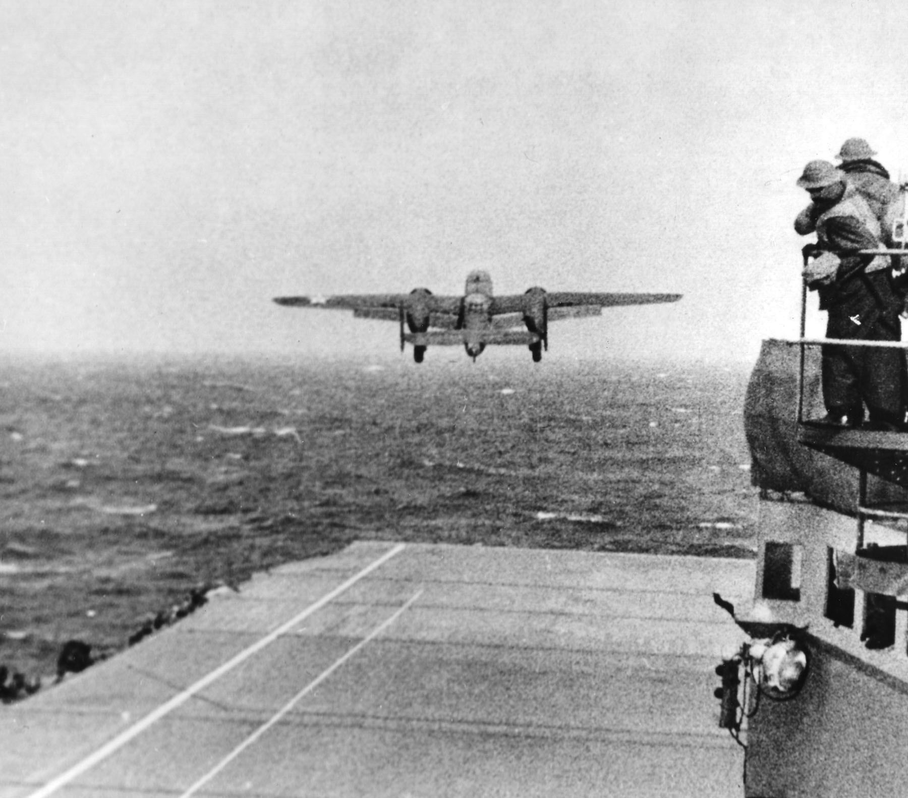 A B-25 bomber launching from the USS Hornet on April 18, 1942, to start the famed Doolittle Raiders mission of World War II. (US Navy photo)