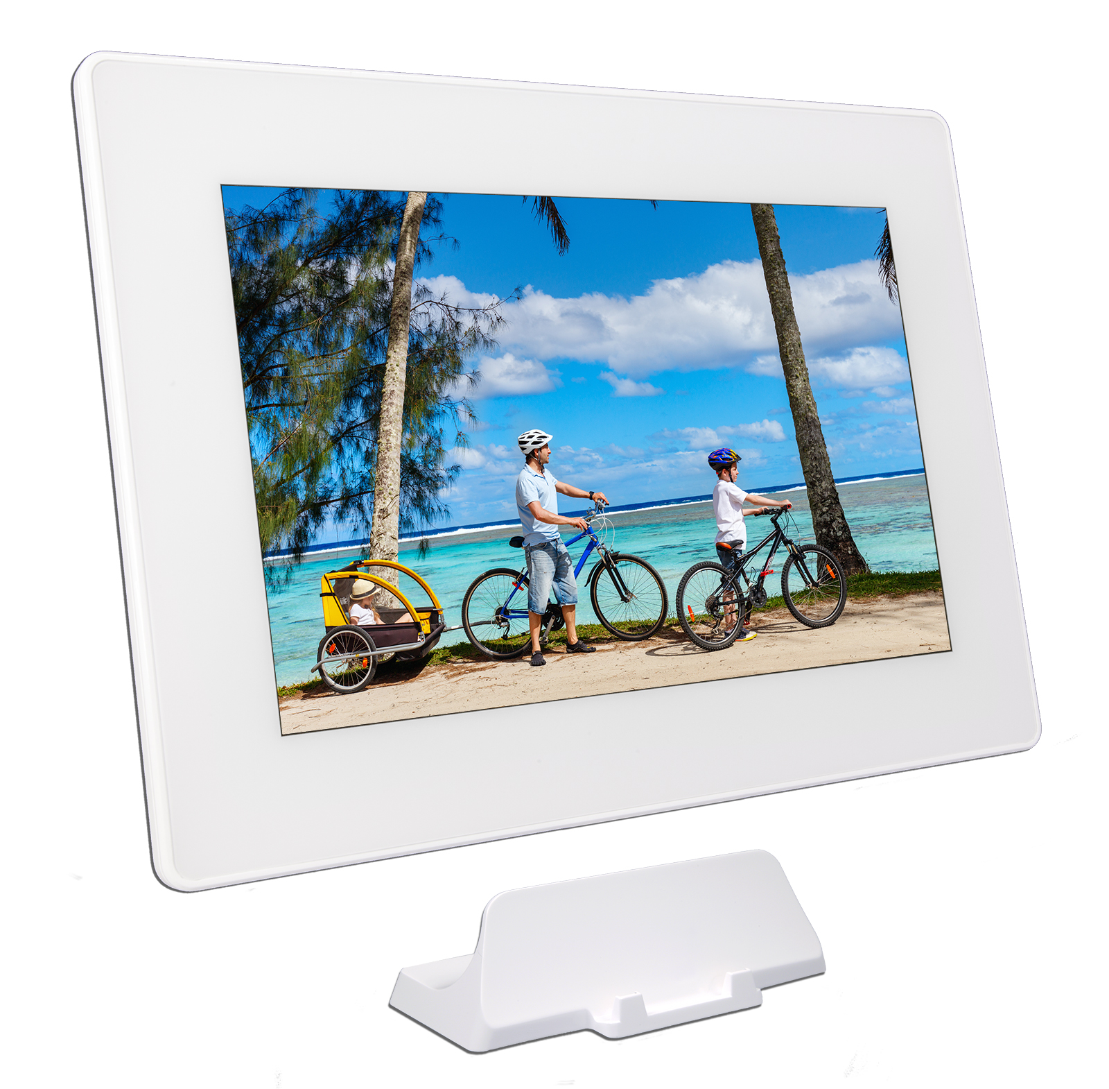 PhotoSpring digital photo frame showing charging stand