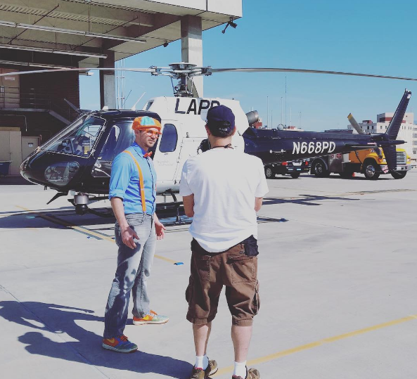 Blippi filming with a LAPD Helicopter.
