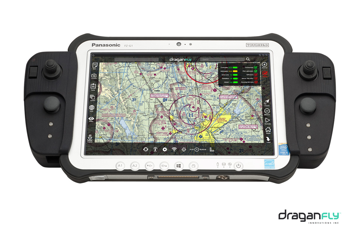 The Draganfly UCS, shown with the Panasonic Toughpad™, can operate helicopters, fixed-wing aircraft, and ground-based robots.