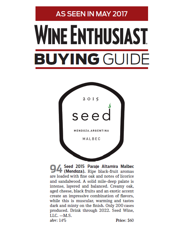 Wine Enthusiast Awards 2015 Seed Malbec 94 points