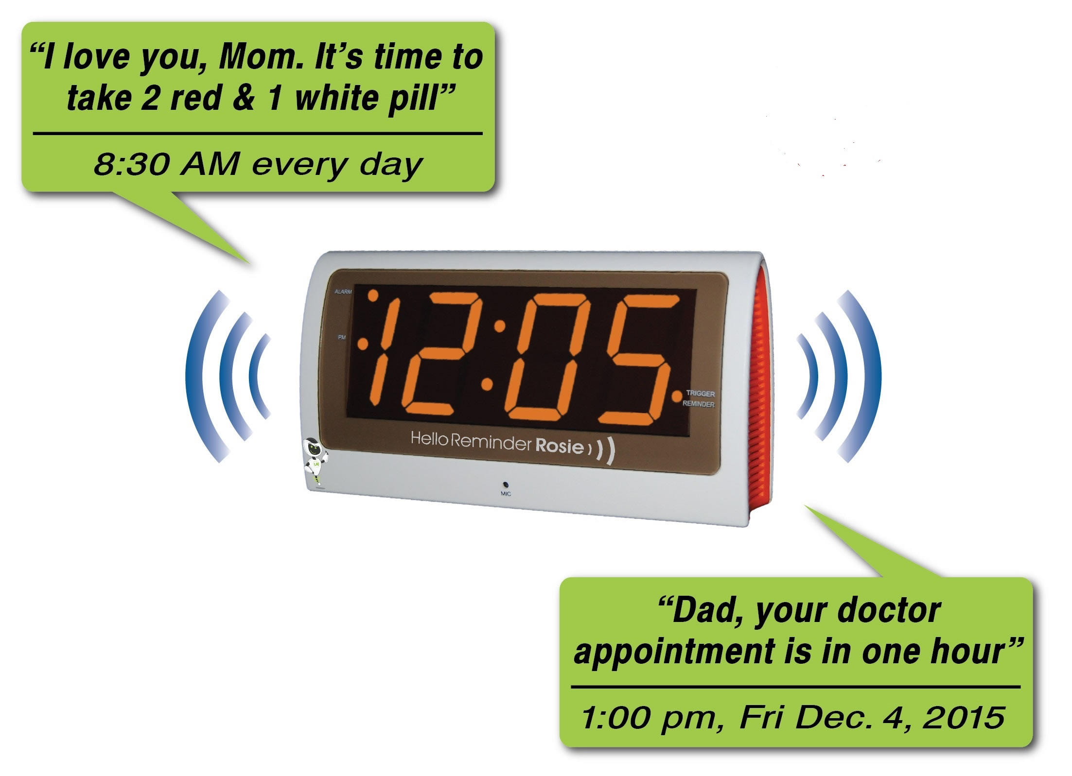 The Reminder Rosie allows caregivers to record messages for their loved ones that play at designated times, reminding them to take medications or attend important events.