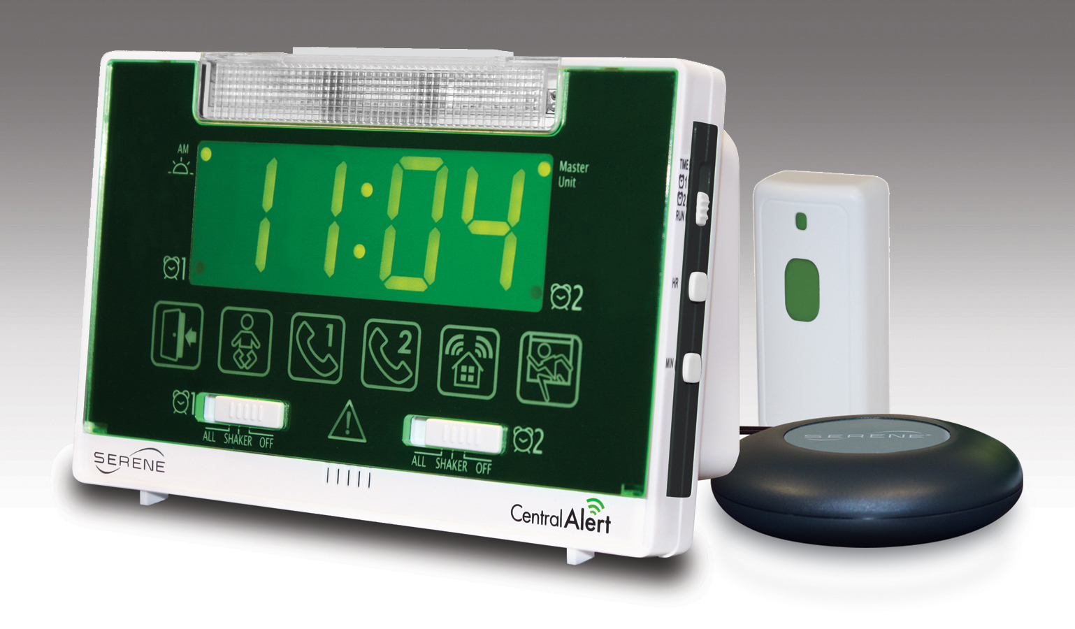 The CA360 from Serene Innovations alerts with flashing strobe, loud alarm and a powerful bed shaker.