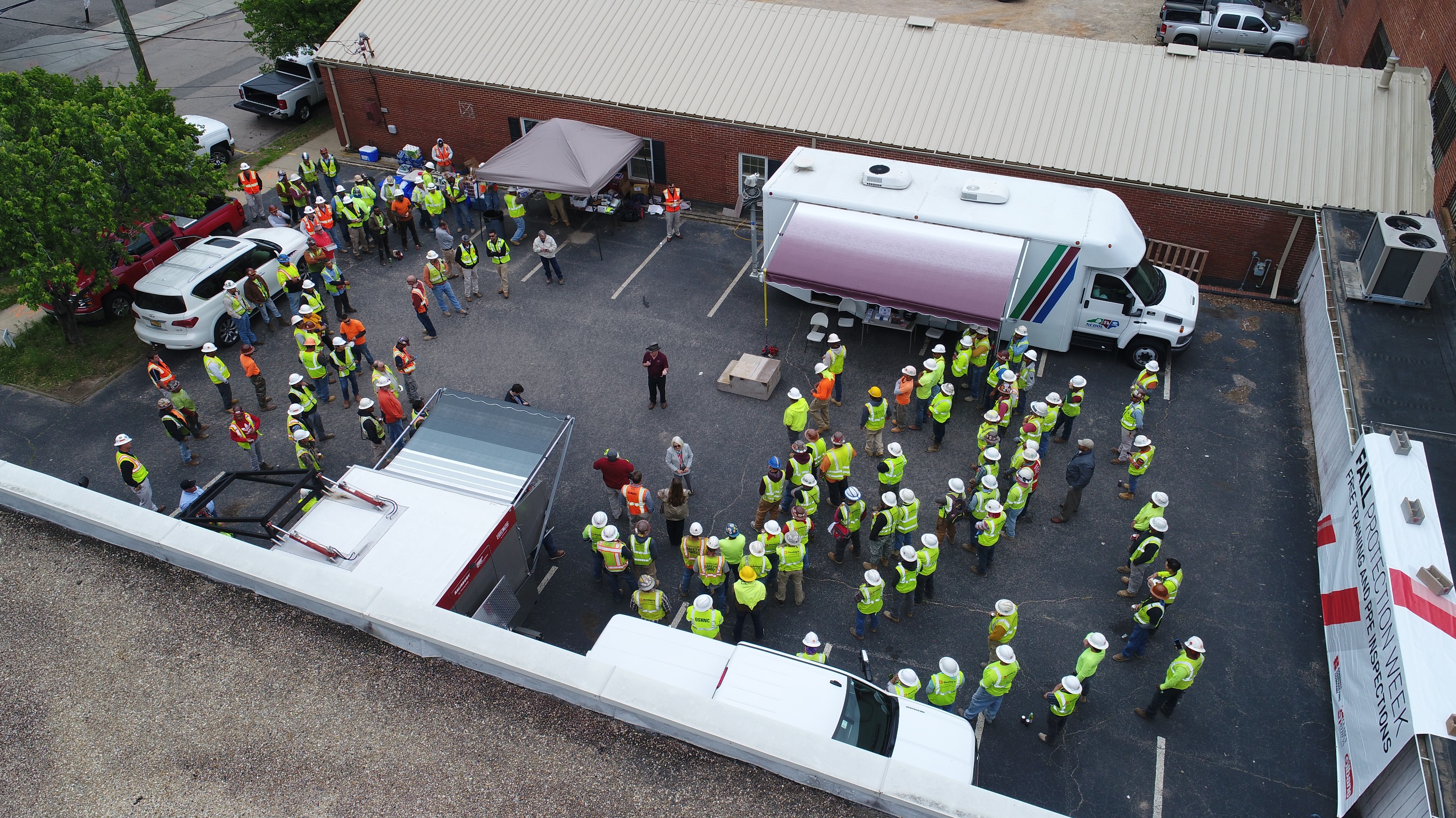 Drone view of ongoing safety demonstrations.