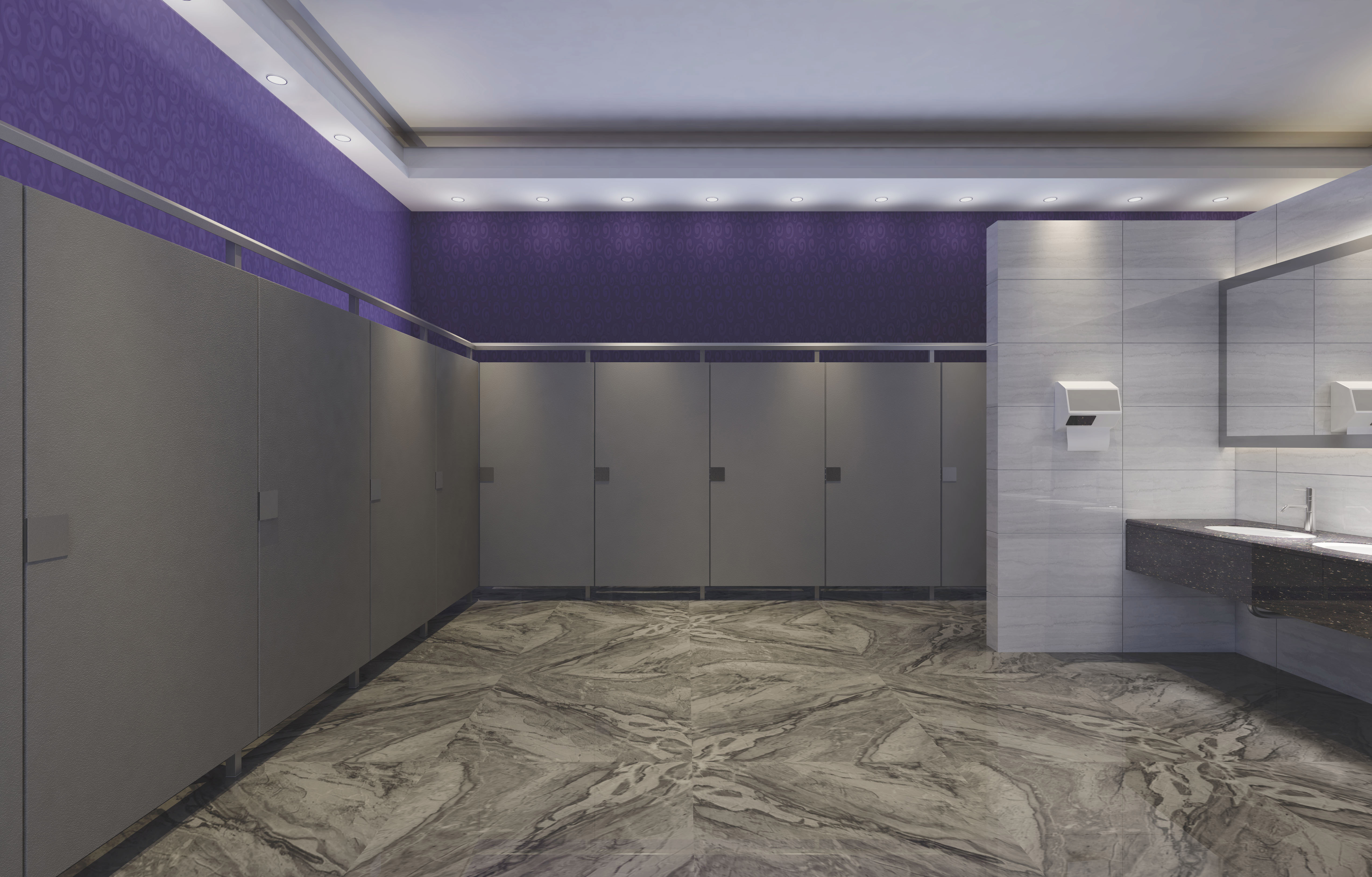Hidden hinges and longer, angled doors and panels are features of the new toilet compartments.