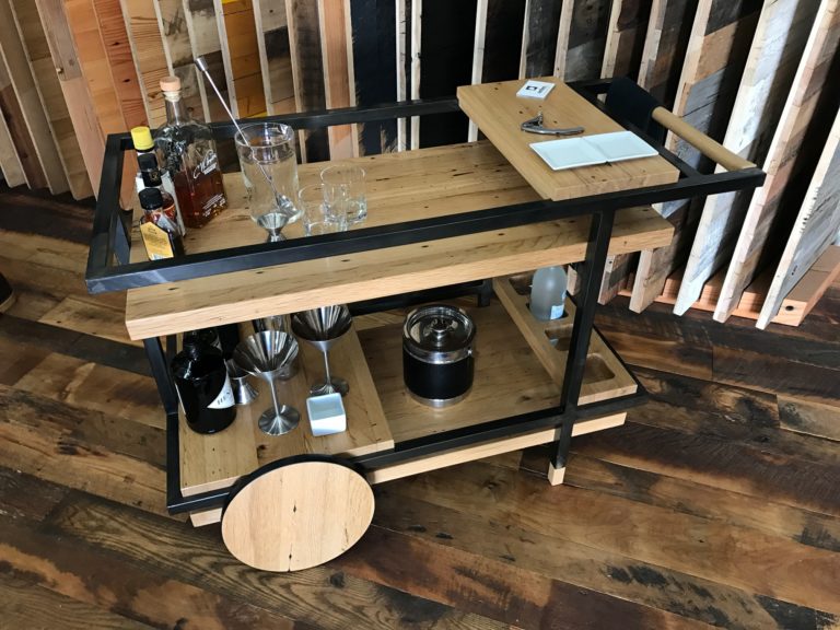 A bar cart crafted of Reclaimed Oak was shared by Zenbox Design at Pioneer Millworks Read:Grain DWP Open House.