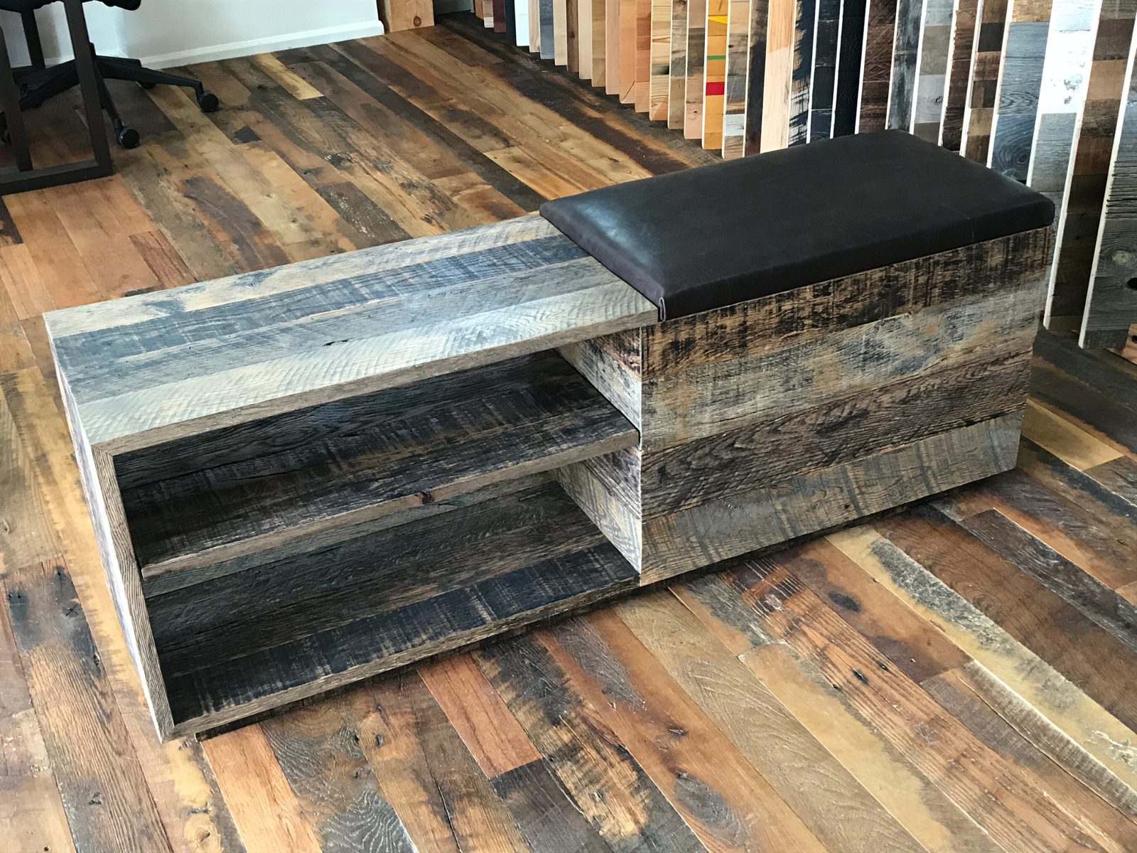 Makers Woodworks created a bench with storage for Pioneer Millworks Read:Grain DWP open house using Black & Tan Reclaimed Oak.