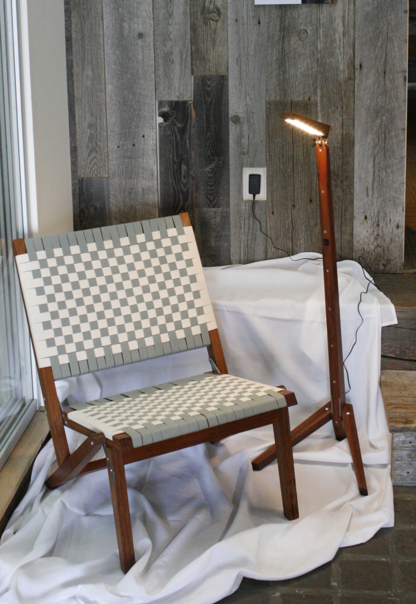 Reclaimed Tropical Hardwoods was the choice of Wessinger Woodworks for their folder chair and folding lamp showcased at Pioneer Millworks Read:Grain event.
