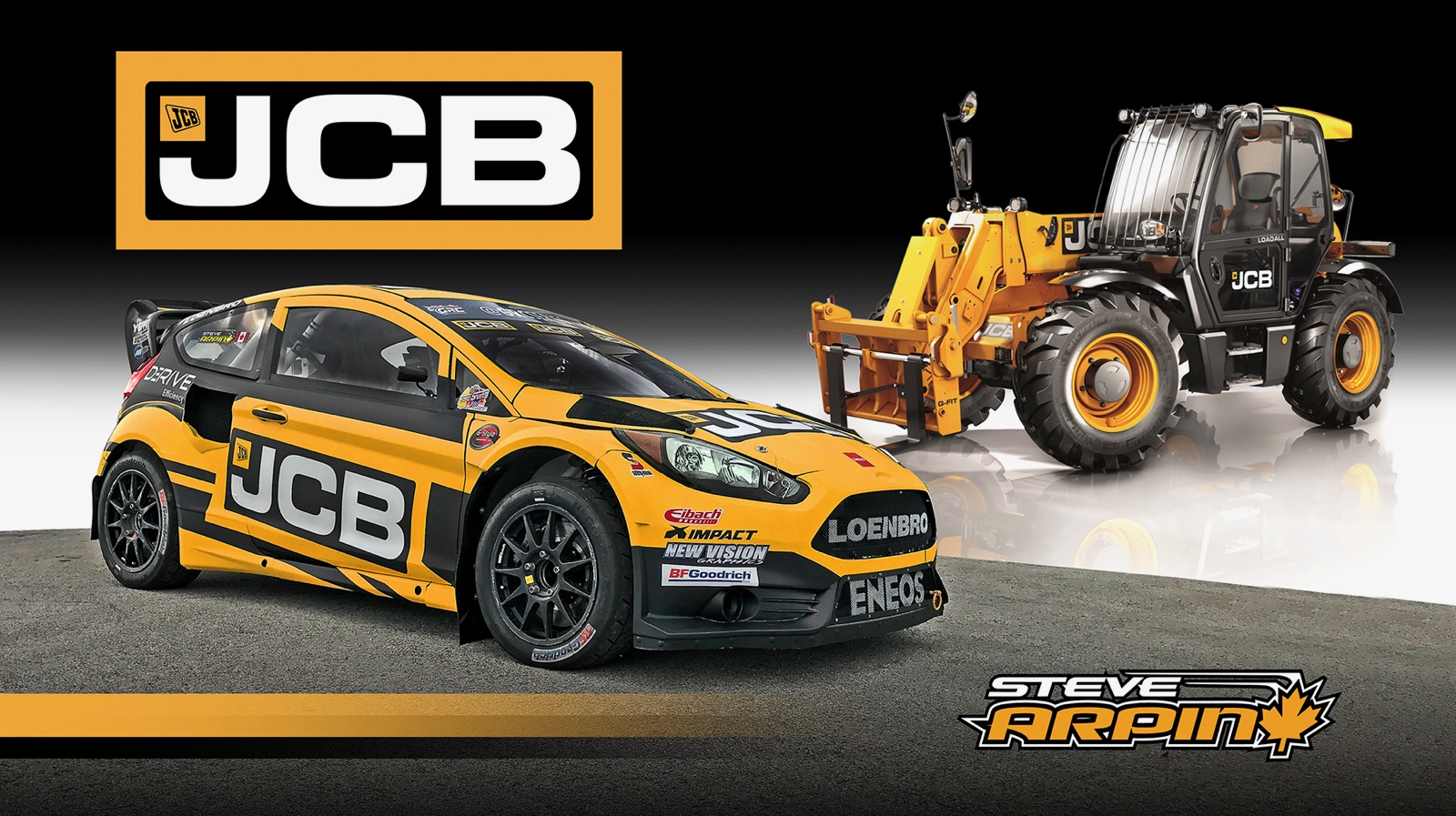 Loenbro Motorsports No. 00 Ford Fiesta ST, driven by Steve Arpin, in JCB livery for the second race of the 2017 Red Bull Global Rallycross season, with a JCB 509-23TC Loadall telescopic handler.