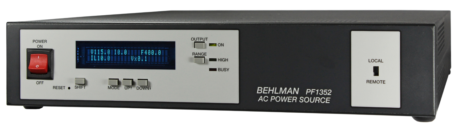 Behlman Model PF1352 Power Source/Frequency Converter provides fully adjustable voltage and frequency, low-output THD, high efficiency, excellent line and load regulation, and CE certification.