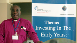 The Rt. Rev. William Mchombo, Bishop of the Anglican Diocese of Eastern Zambia, speaks at the Early Childhood Development Forum in Lusaka, Zambia, on Wednesday, May 24, 2017