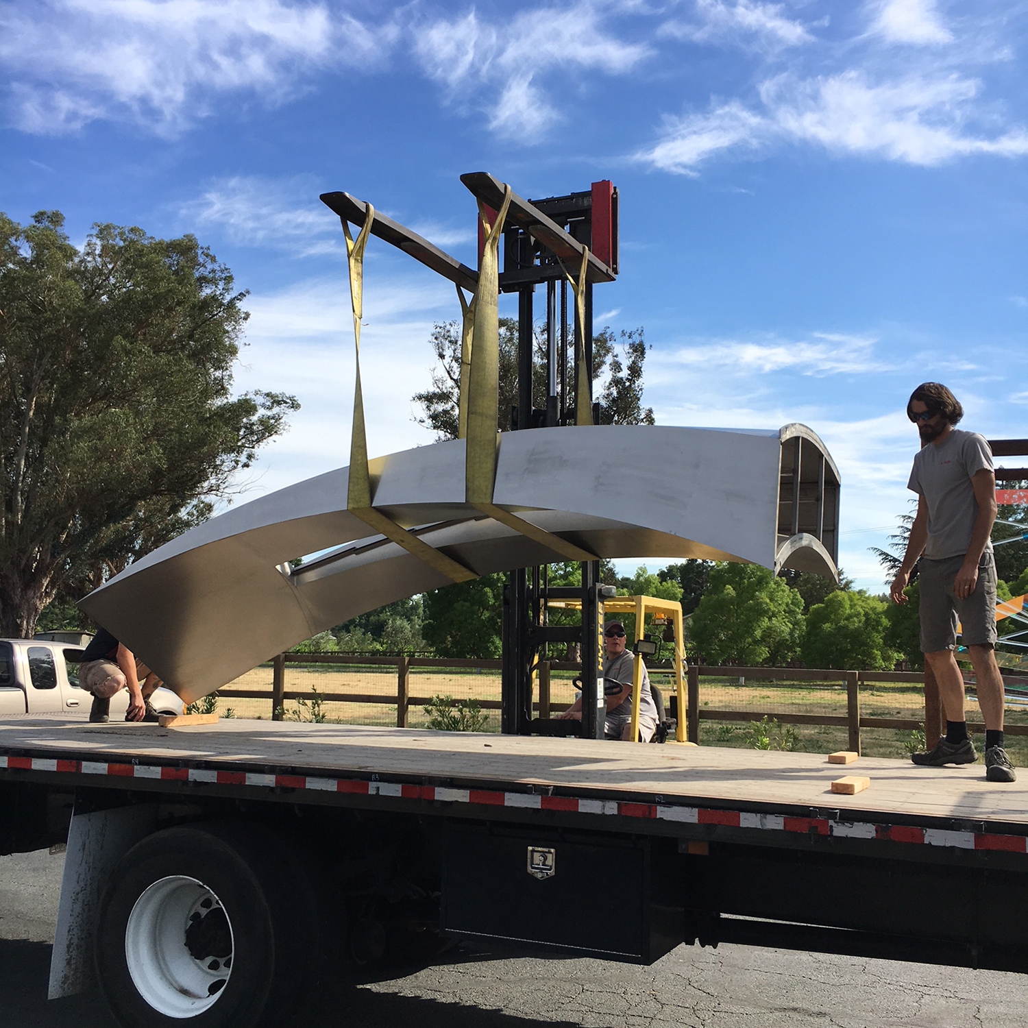Gordon Huether Studio loading the sculpture 'Silver Twist' to be installed at Bottlerock Napa Valley 2017