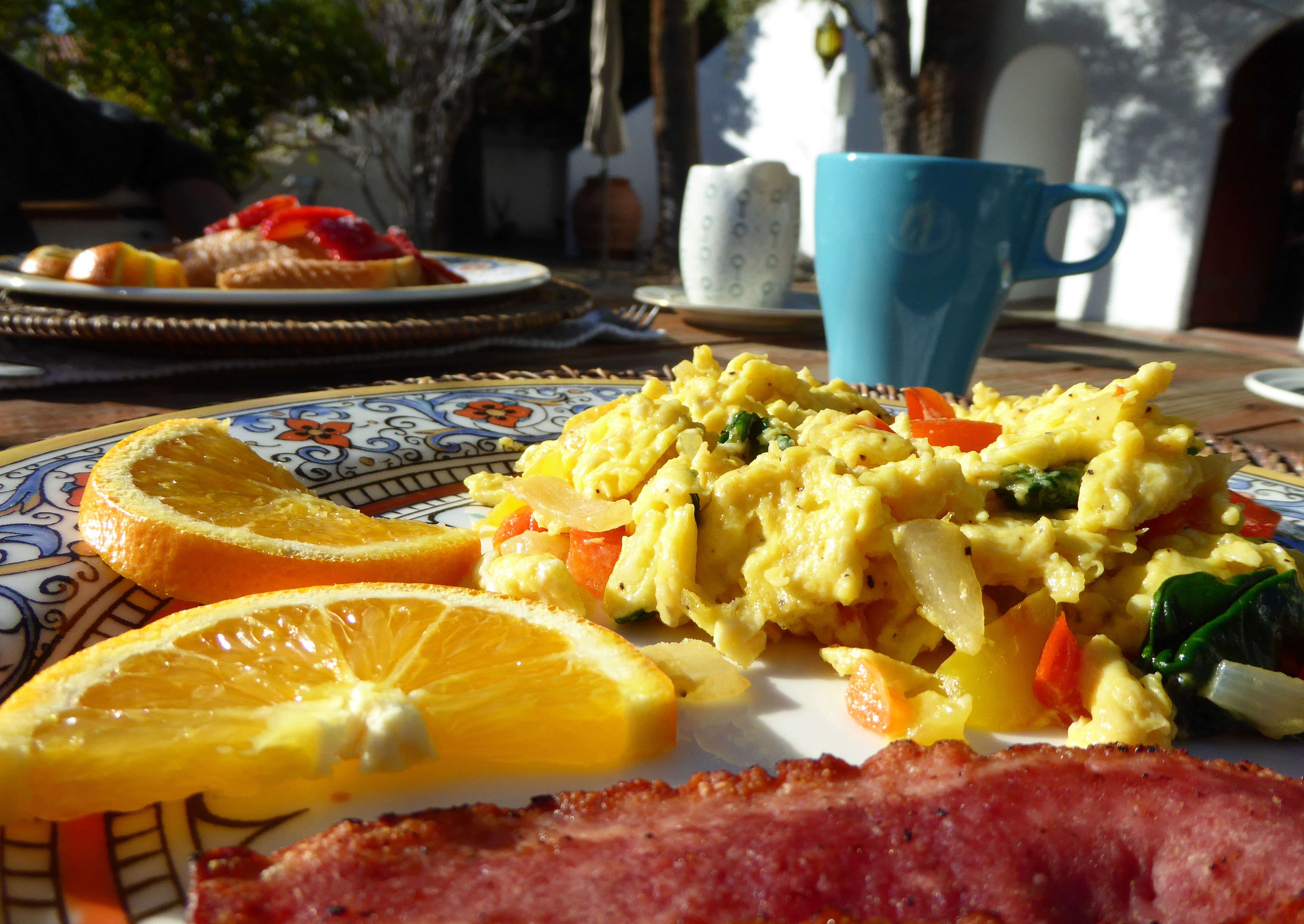 Breakfast on the patio at Korakia Pensione in Palm Springs, CA