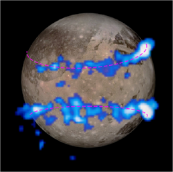 From JATIS doi:10.1117/1.JATIS.2.3.030901: Fig. 38 Aurora on Ganymede recorded with the STIS FUV MAMA. The auroral belts are colored blue in this image and are overlaid on a visible-light image of Ganymede taken by NASA’s Galileo orbiter.