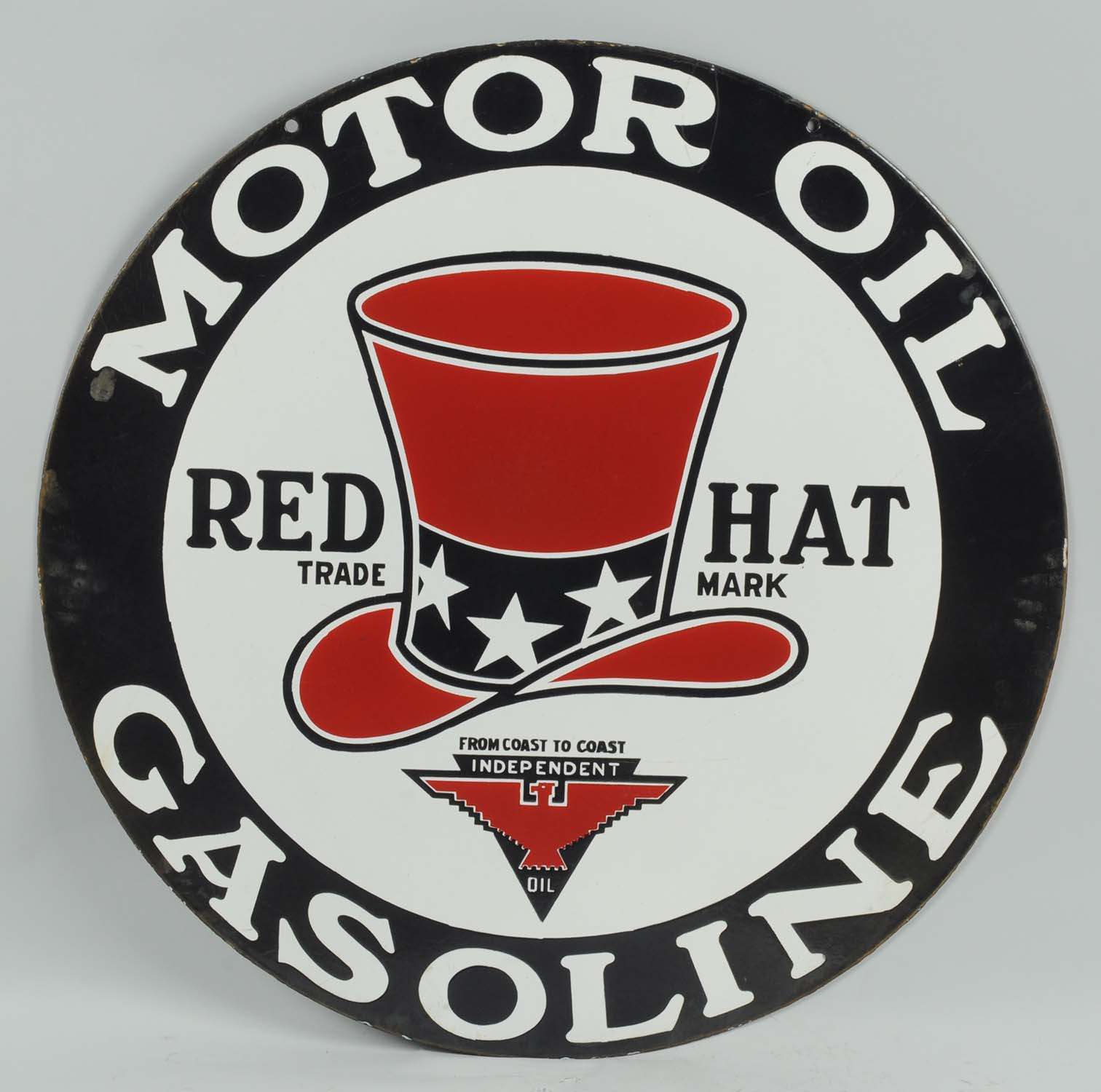 Lot #18, Red Hat Motor Oil & Gasoline Porcelain Sign, estimated at $15,000-$20,000.