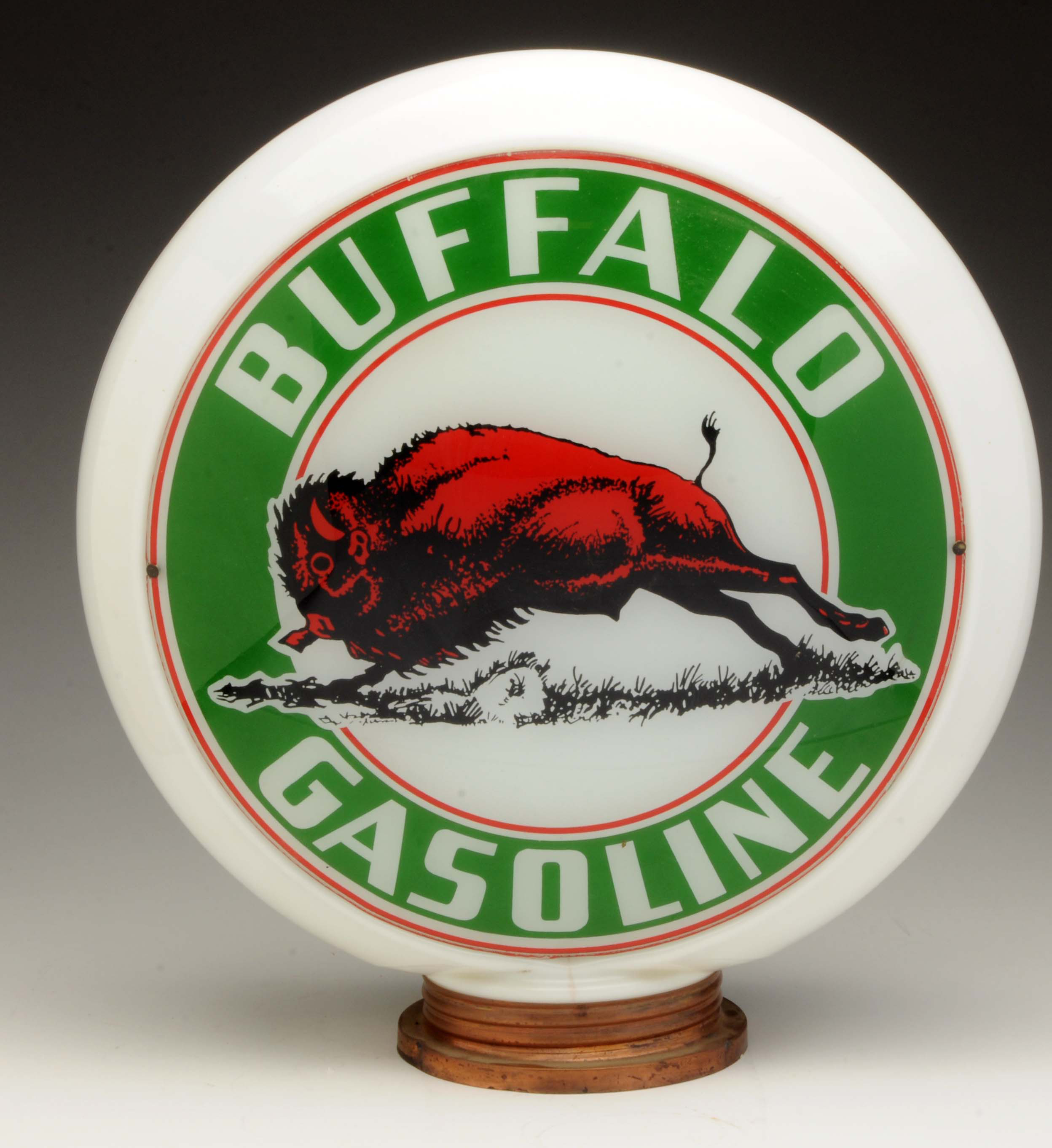Lot #40, Buffalo Gasoline Globe Lenses on a Milk Glass Body, estimated at $4,000-$6,000.