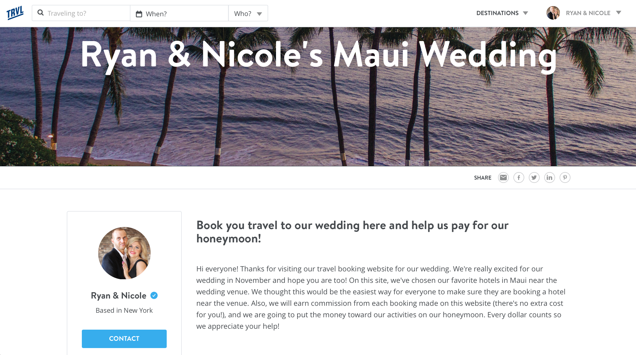 TRVL website for a wedding in Maui