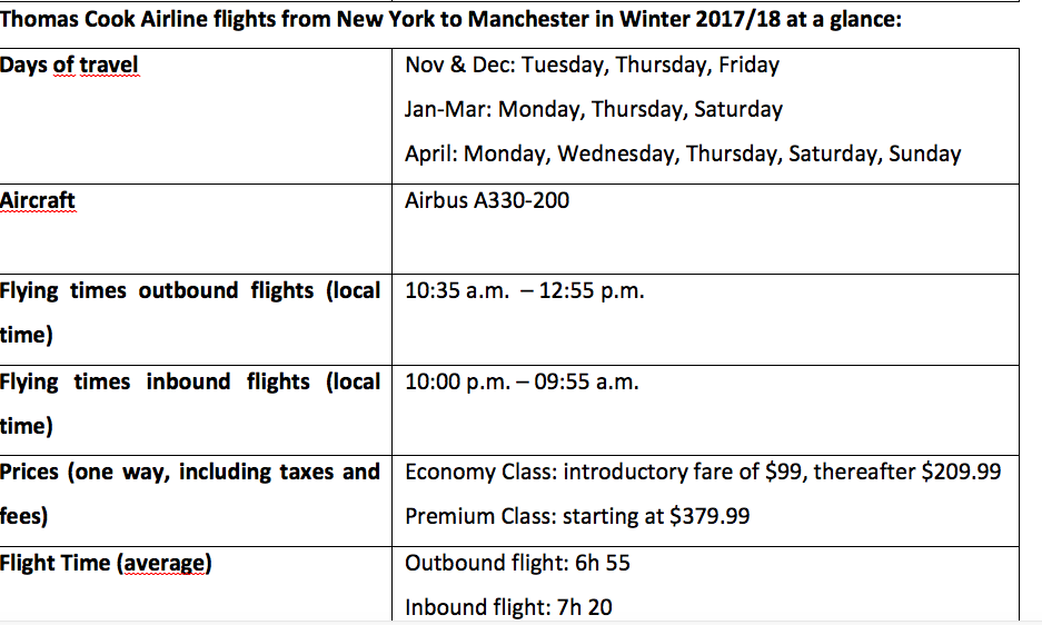 Thomas Cook Airline flights from New York to Manchester in Winter 2017/18 at a glance.