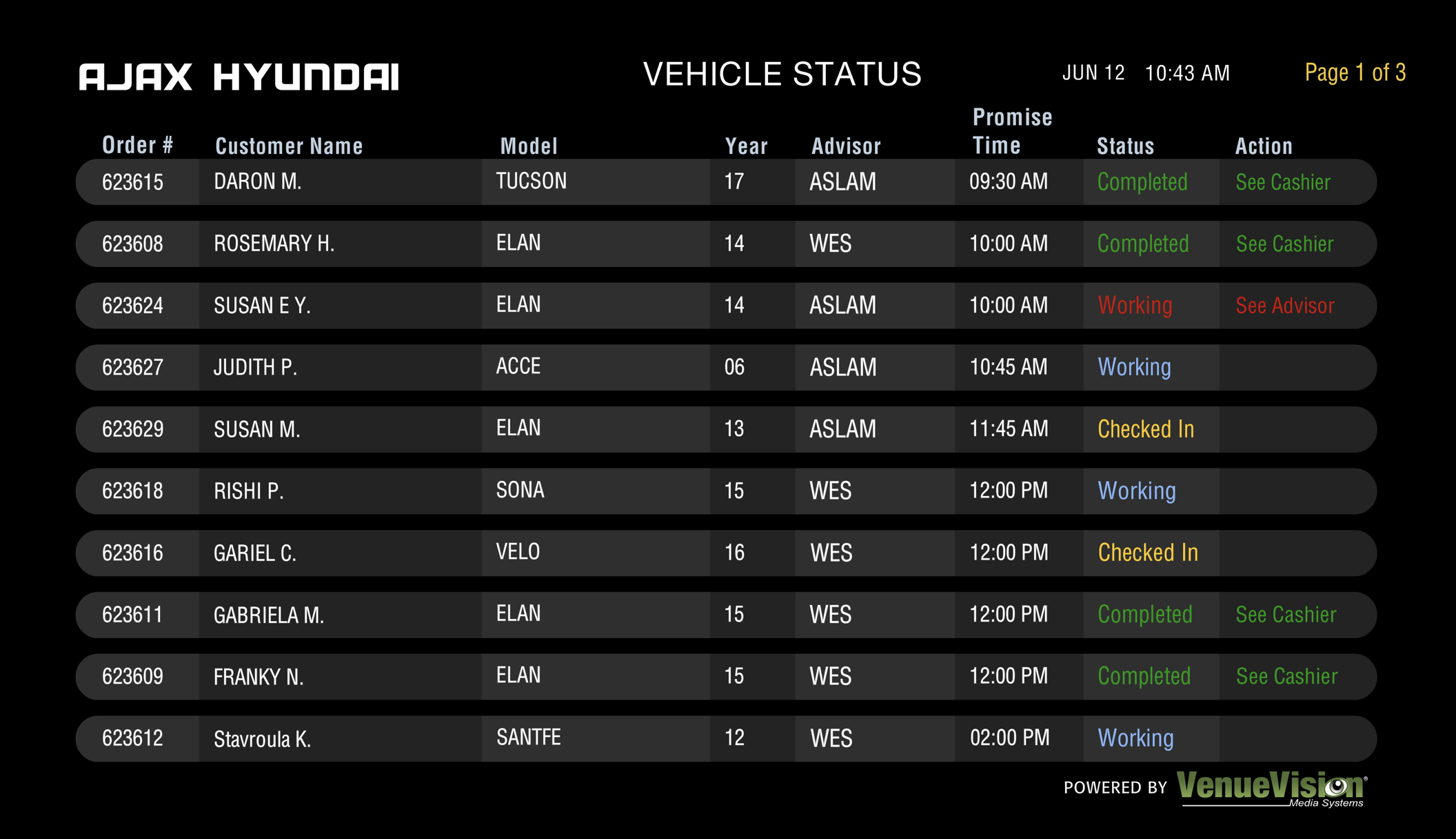Vehicle Status Dashboard with Ajax Hyundai dealership. A VenueVision solution approved and integrated with CDK.