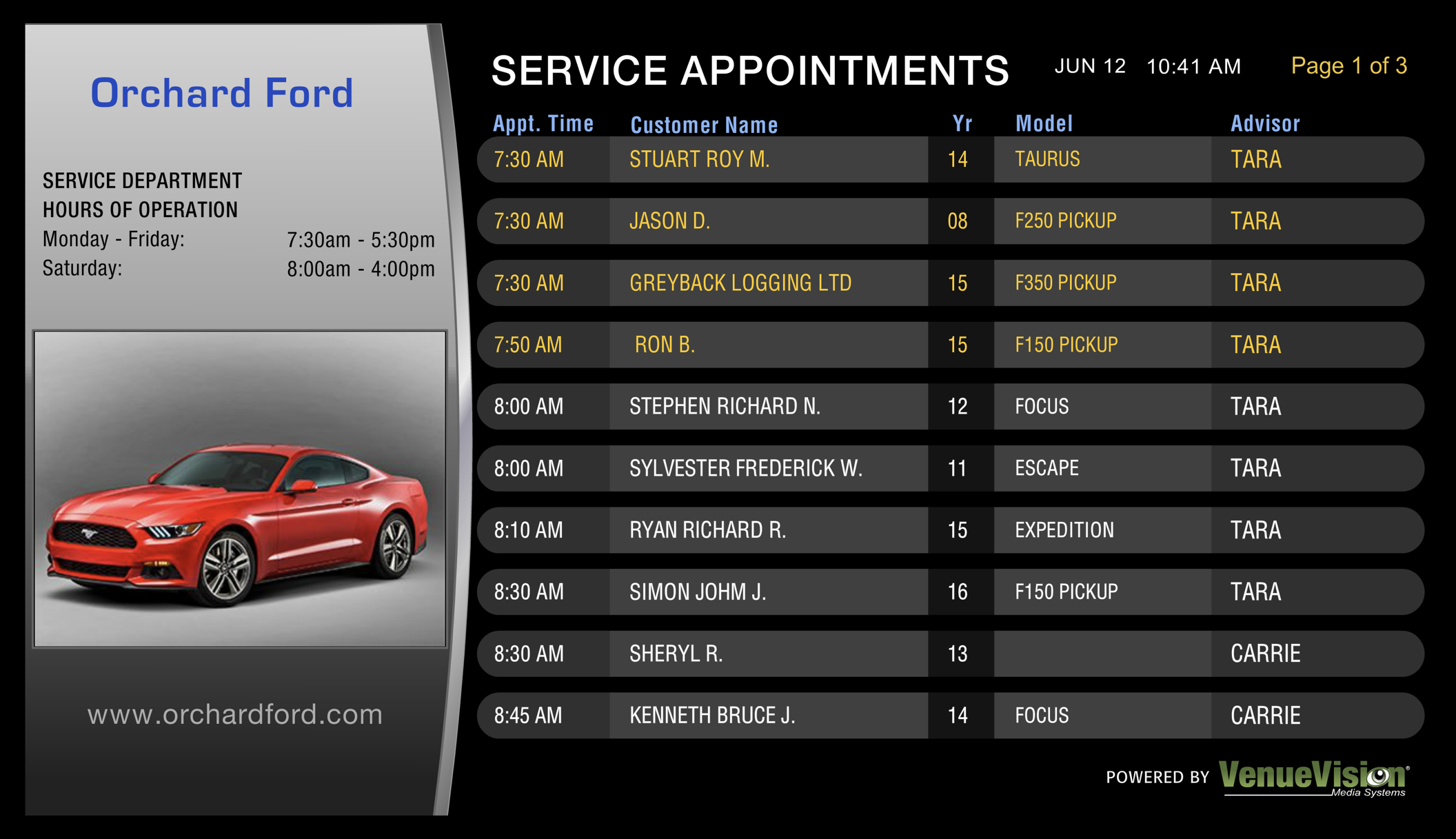 Service Appointment Dashboard with Orchard Ford dealership. A VenueVision solution approved and integrated with CDK.