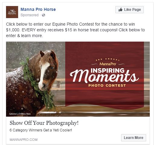 This digital ad for Manna Pro's Inspiring Moments photo contest won first place in the 2017 AHP awards.