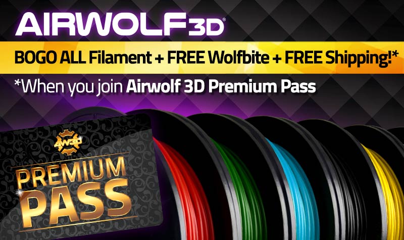 The limited-time first promotion offered to Airwolf 3D Premium Pass members is Buy One, Get One on all Filament, plus a complimentary bottle of Wolfbite Bed Adhesion Solution.
