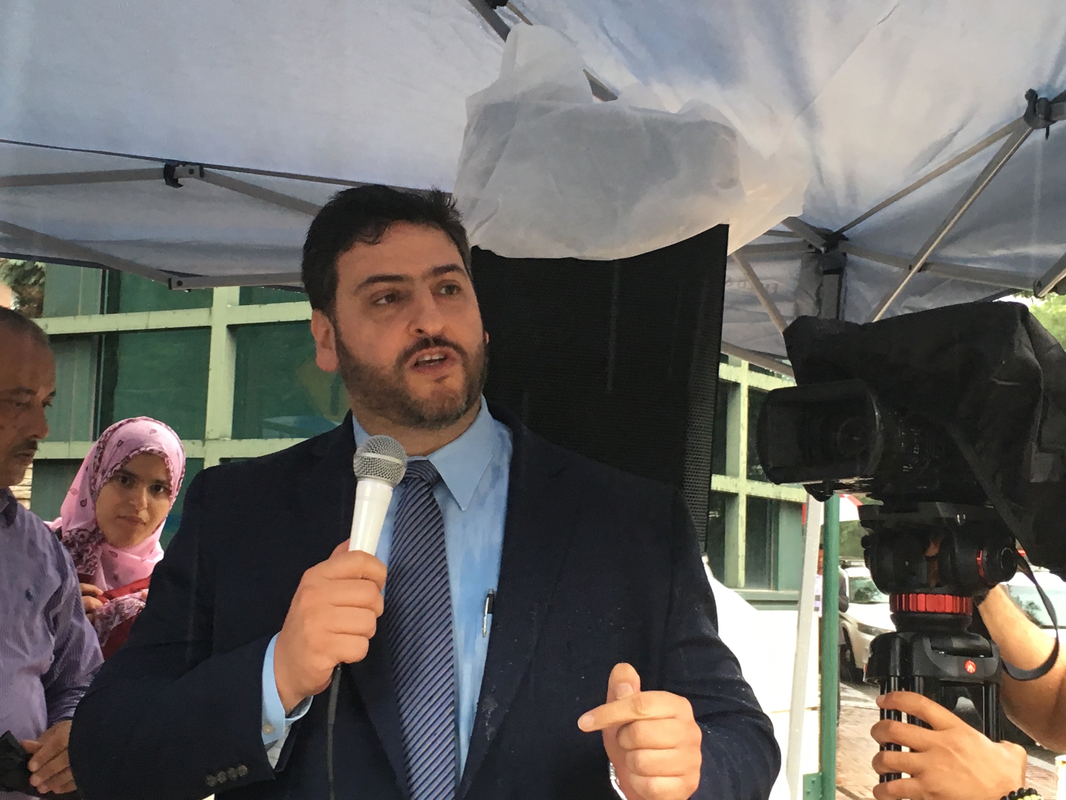Osama Abuirshaid, AMP national policy director, delivers the sermon during Friday prayers outside the Israeli embassy in Washington D.C.
