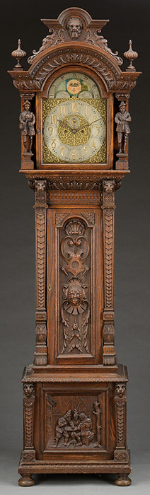 Carved Oak Tall Case Clock with Marked Tiffany & Co. Dial, estimated at $6,000-8,000.