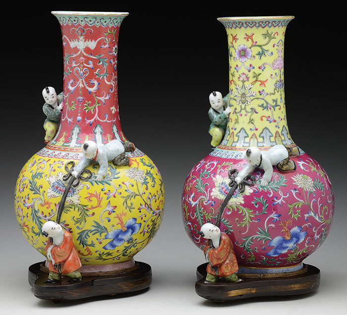 Two Famille Rose "Three Boy" Vases, estimated at $20,000-30,000.