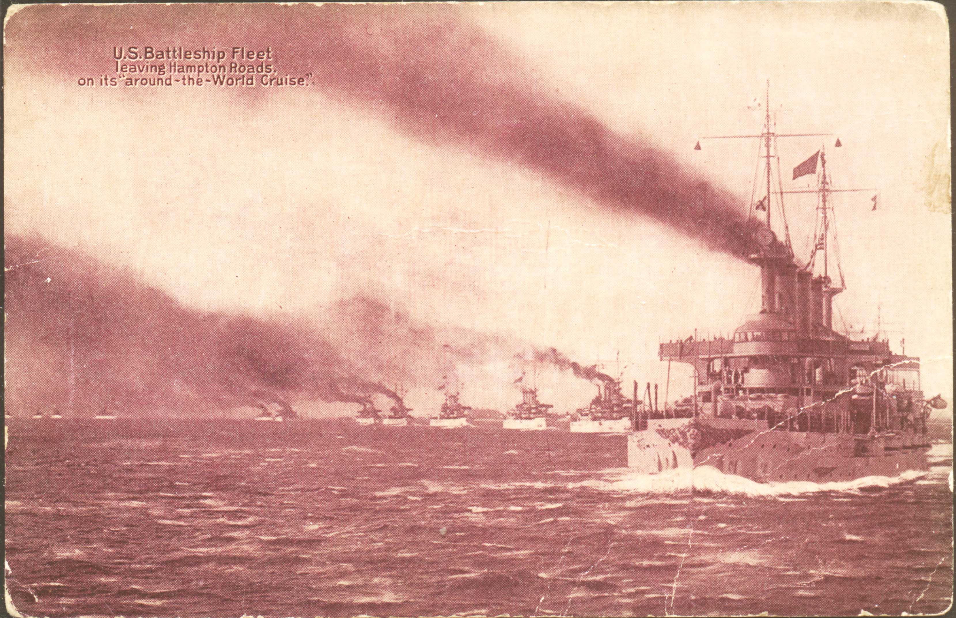"US Battlefleet Leaving Hampton Roads" 1907, postcard published by LE Lines Music Company, Springfield, MO