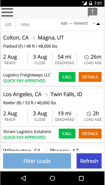 Users can find credit approved load matches to haul in real time from the load board.
