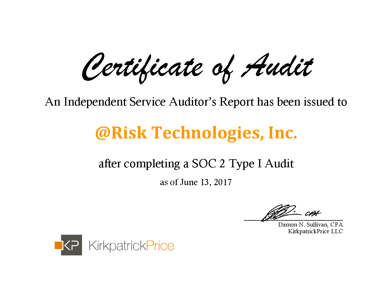 @RISK SOC 2 Certificate