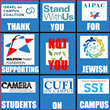 Meme with a tic-tac-toe-like square of eight Jewish non-profit organizations with the text in each box saying “Thank you for supporting Jewish students on campus,” with the middle square saying “not you” in red text over an anti-Israel organization.