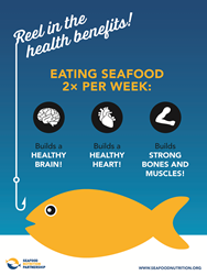 Kids, reel in the health beneifts with seafood! Eating seafood at least twice a week builds a healthy brain, a healthy heart and strong bones and muscles.