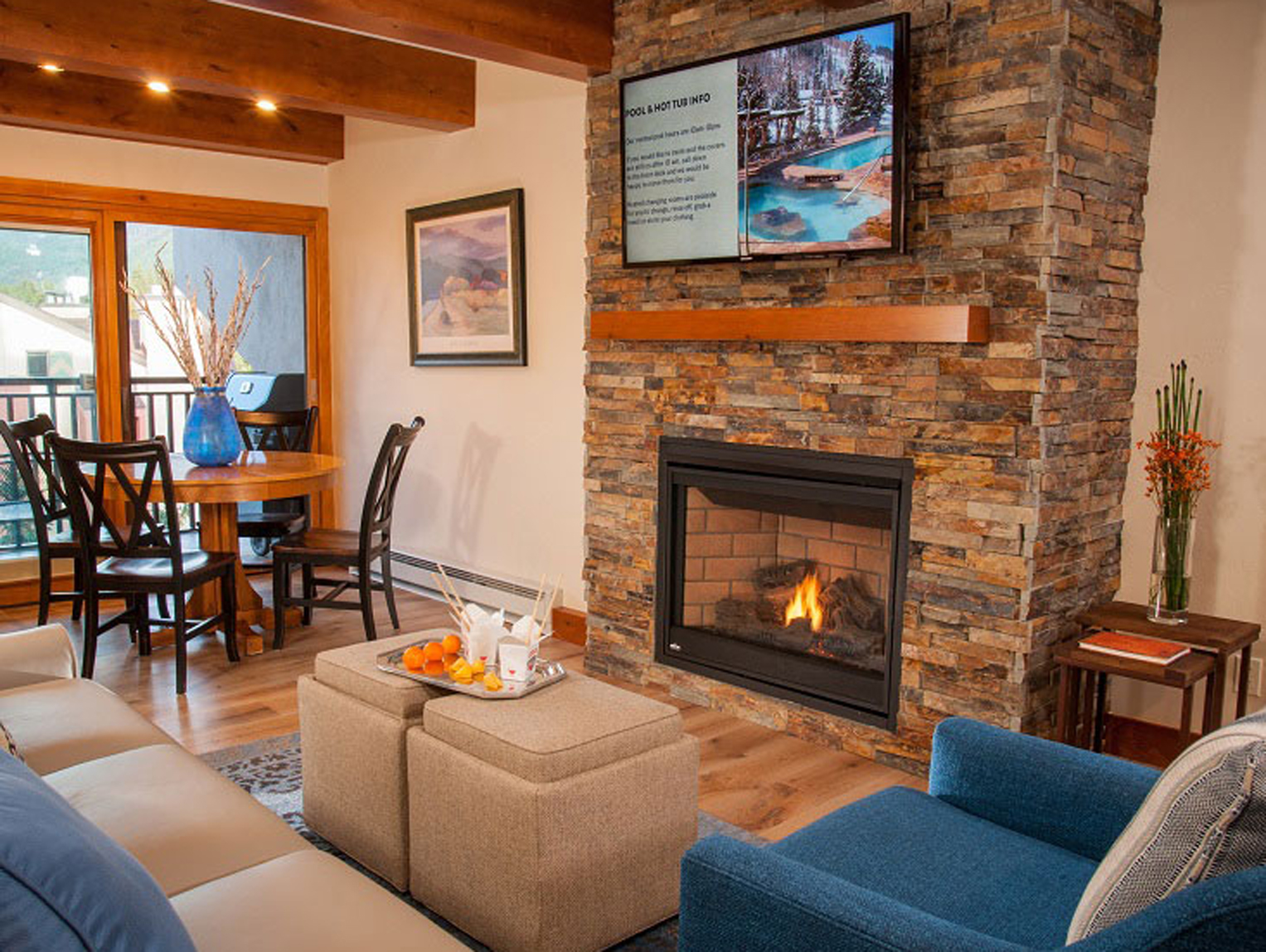 A stay at Antlers at Vail always features spacious condominiums – from studio to 4-bedroom – containing flat-screen TVs, gas fireplaces, fully-equipped kitchens and private balconies.