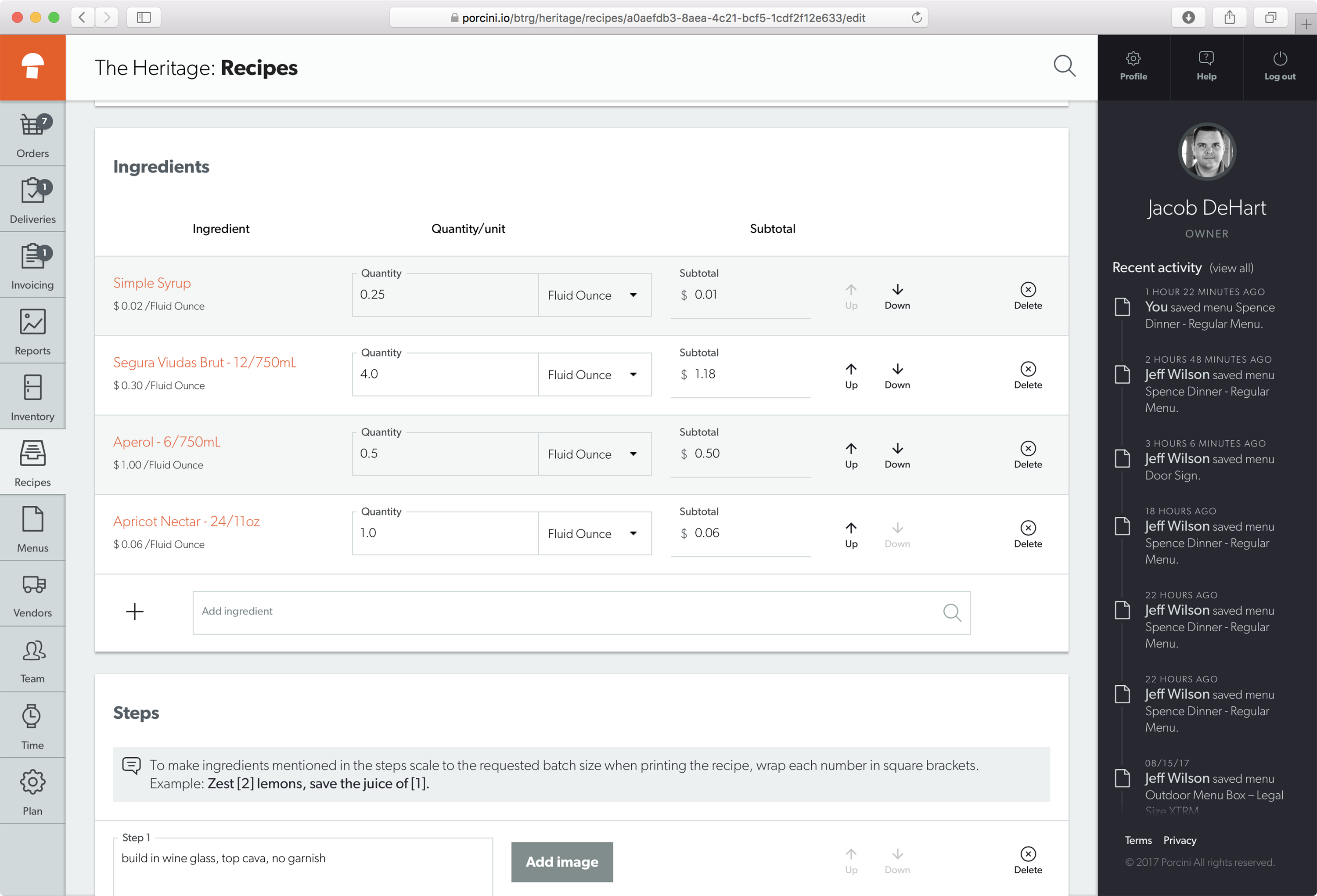 Porcini.io's recipe management shows proportions as well as ingredient costs and other important info.