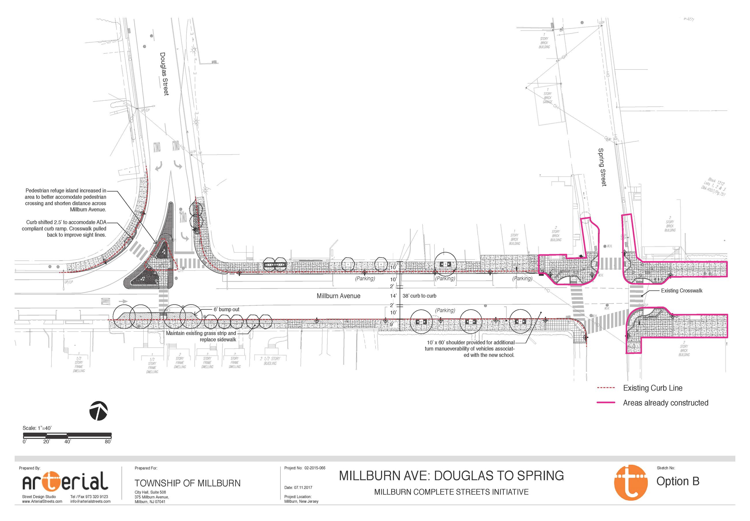 Diagram outlining the new construction on a short stretch of Millburn Avenue between Spring Street and Douglas Street.