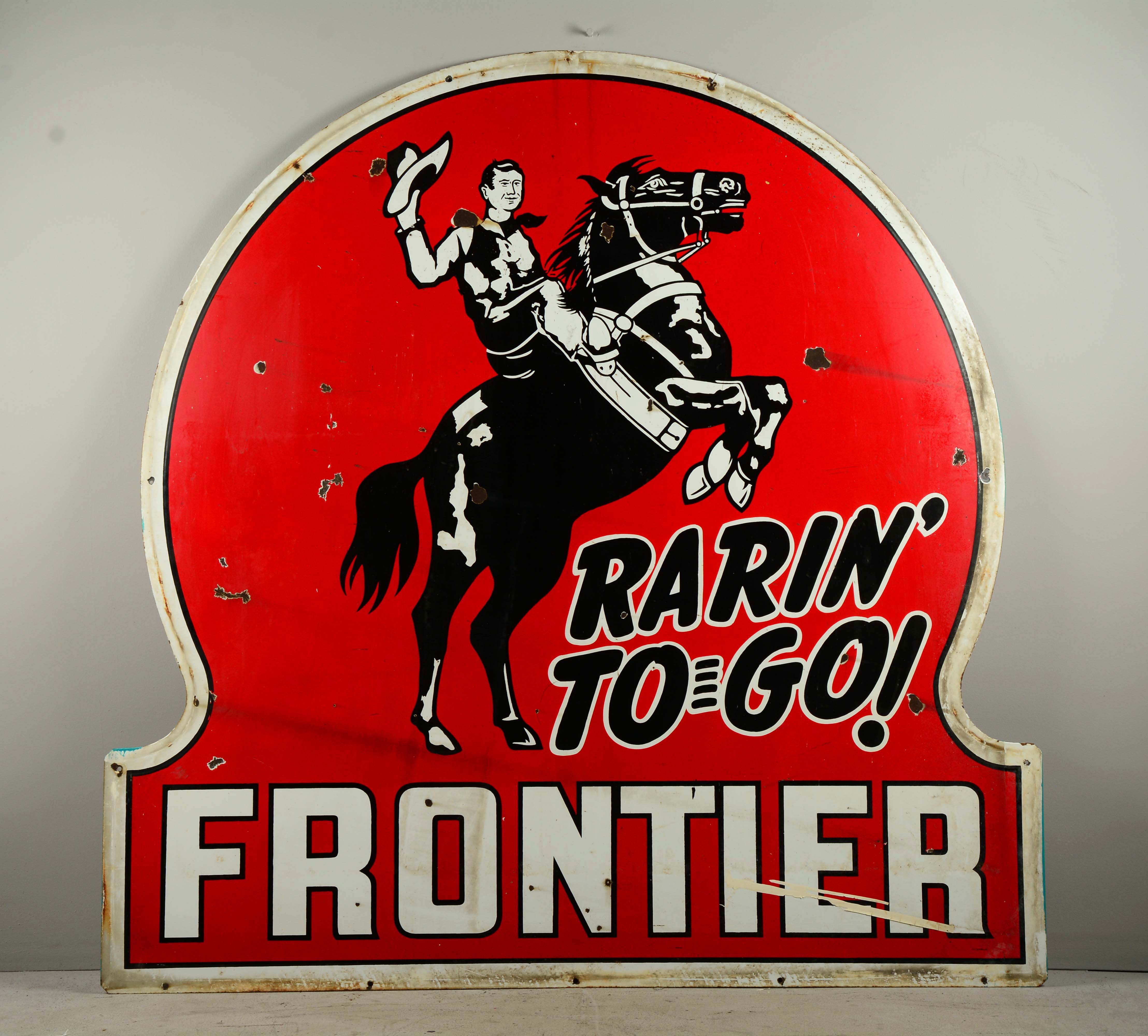 Frontier "Rarin'-to-Go" Keyhole Identification Porcelain Sign, estimated at $7,500-15,000.