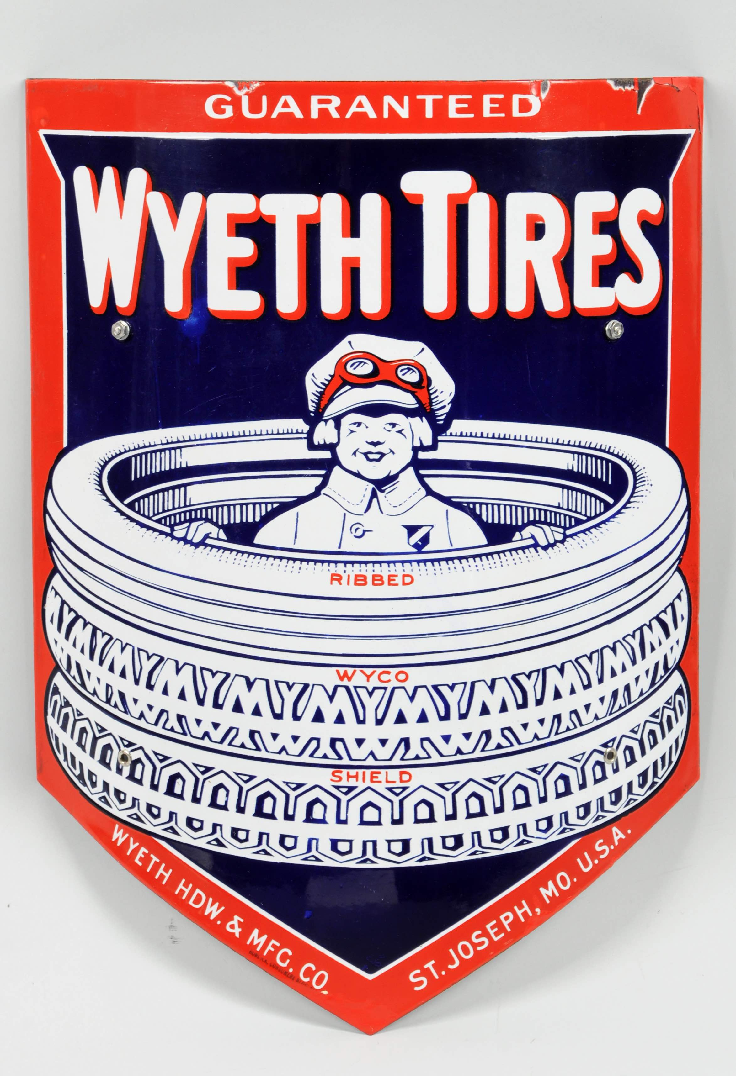 Wyeth Tires w/ Boy Sitting in Tires Logo Porcelain Sign, estimated at $10,000-20,000.