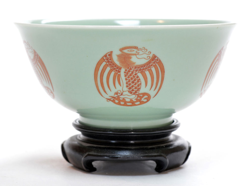 - Very Rare Chinese Celadon-Ground Phoenix Medallion Bowl