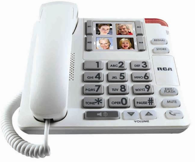 The RCA 1123 amplified speakerphone features photo memory speed dial buttons and is suitable for mild hearing loss.