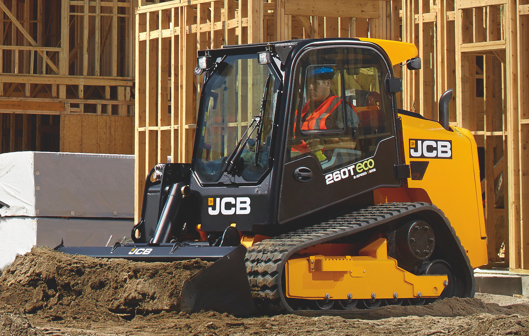 Designed and built in Savannah, Ga., the JCB 260T vertical lift compact track loader features a single-arm boom and side door entry design.