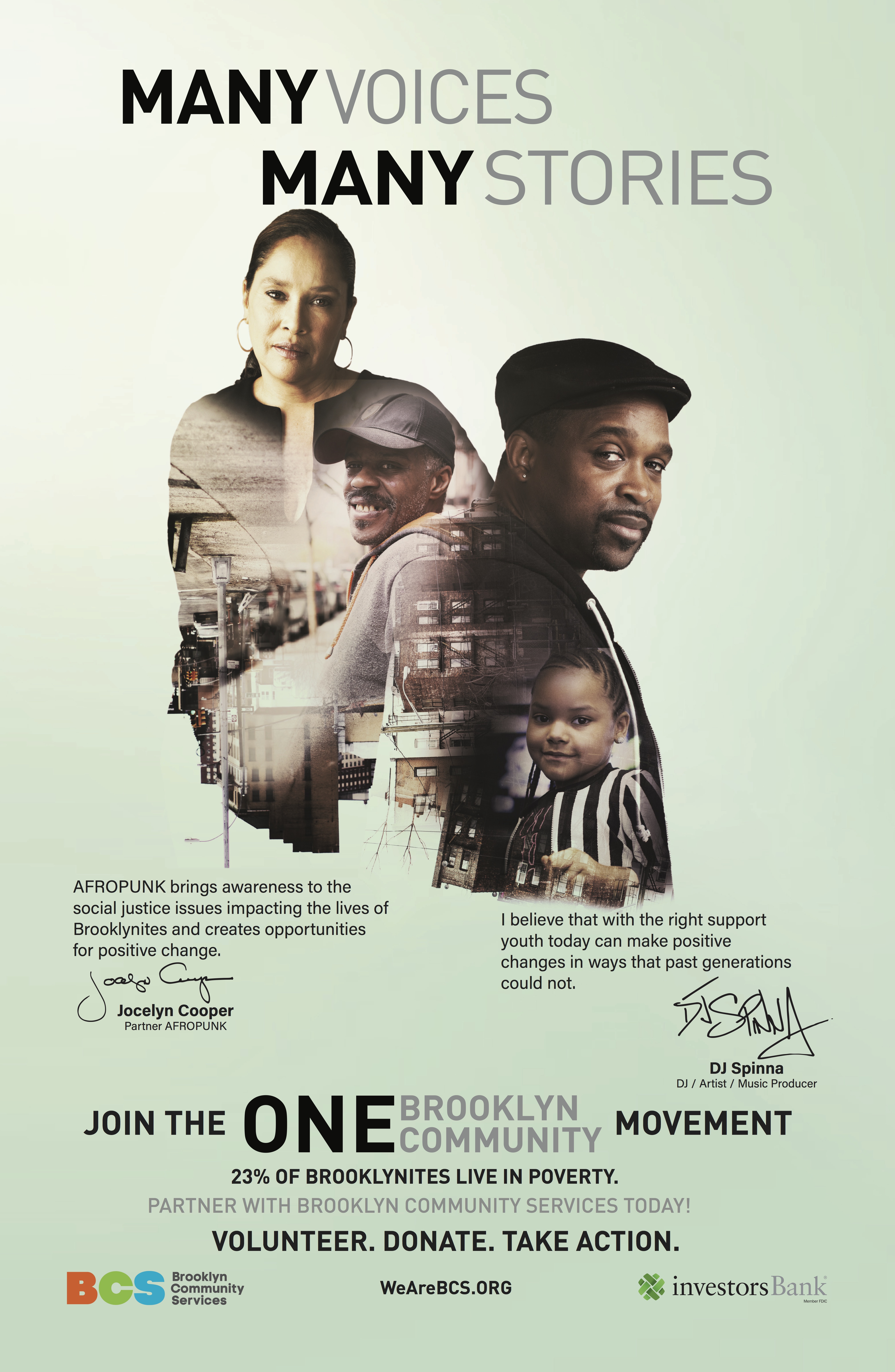 AFROPUNK partner & co-founder Jocelyn Cooper and DJ Spinna in BCS ONE Brooklyn Community “Many Voices, Many Stories” campaign
