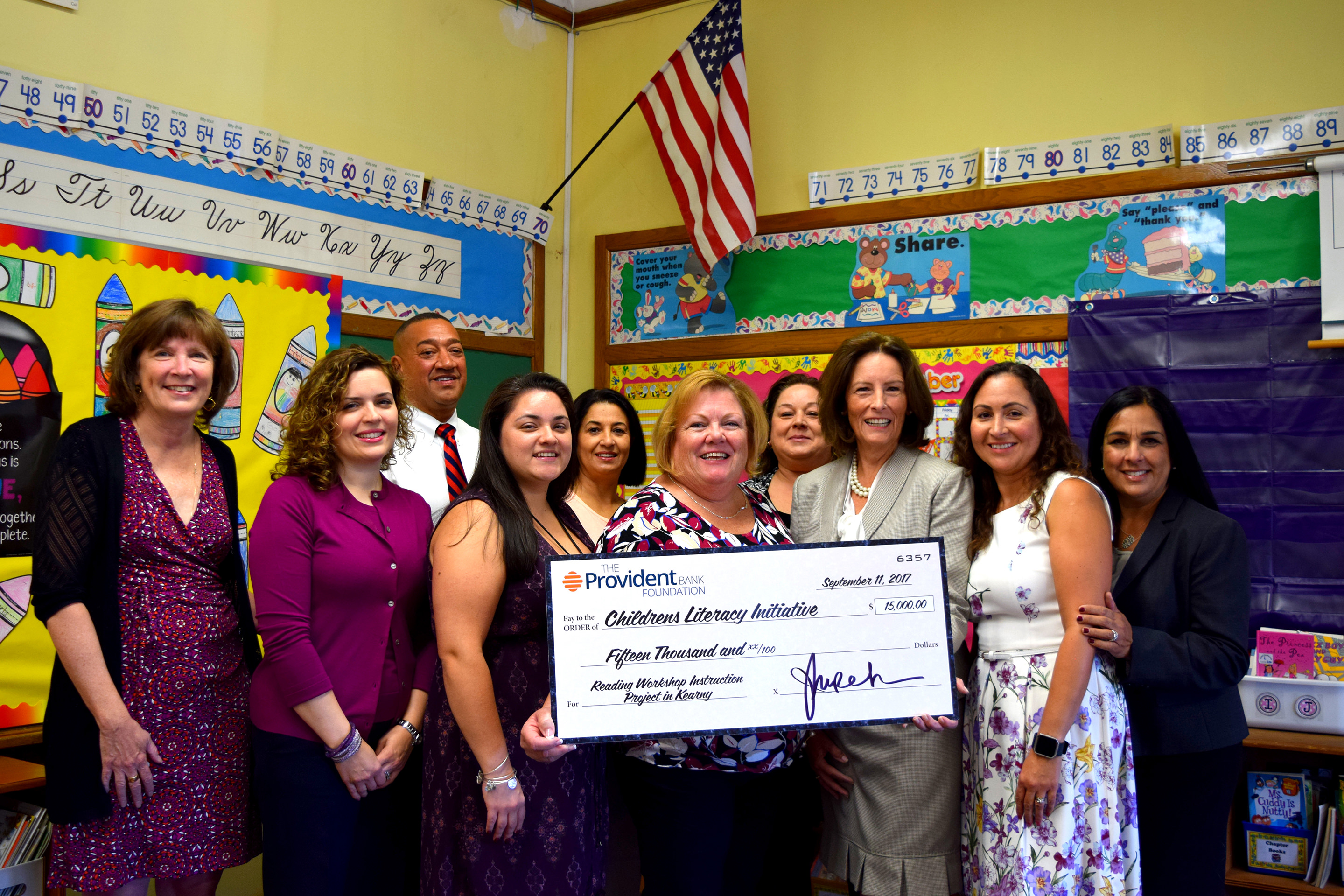 Provident Bank Foundation presents $15,000 to Children’s Literacy Initiative (CLI) for a Reading Workshop Instruction Project for 1st and 2nd grade teachers in Kearny, New Jersey, School District. Gat